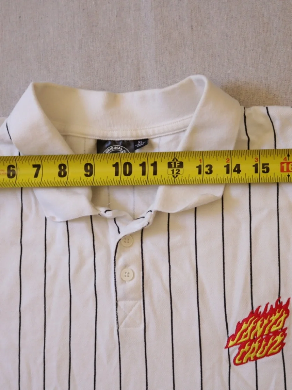 Santa Cruz Skateboards Men's White XL Pinstripe Flame Logo Collared Polo Shirt